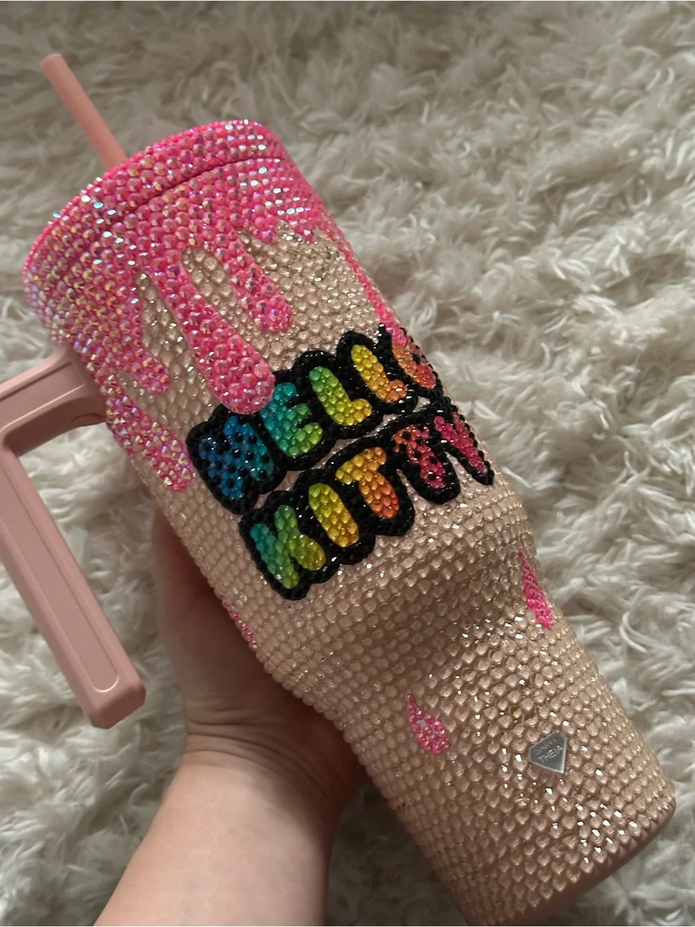 Pink Hello Kitty Rainbow Heart Kids Bling Tumbler with Straw